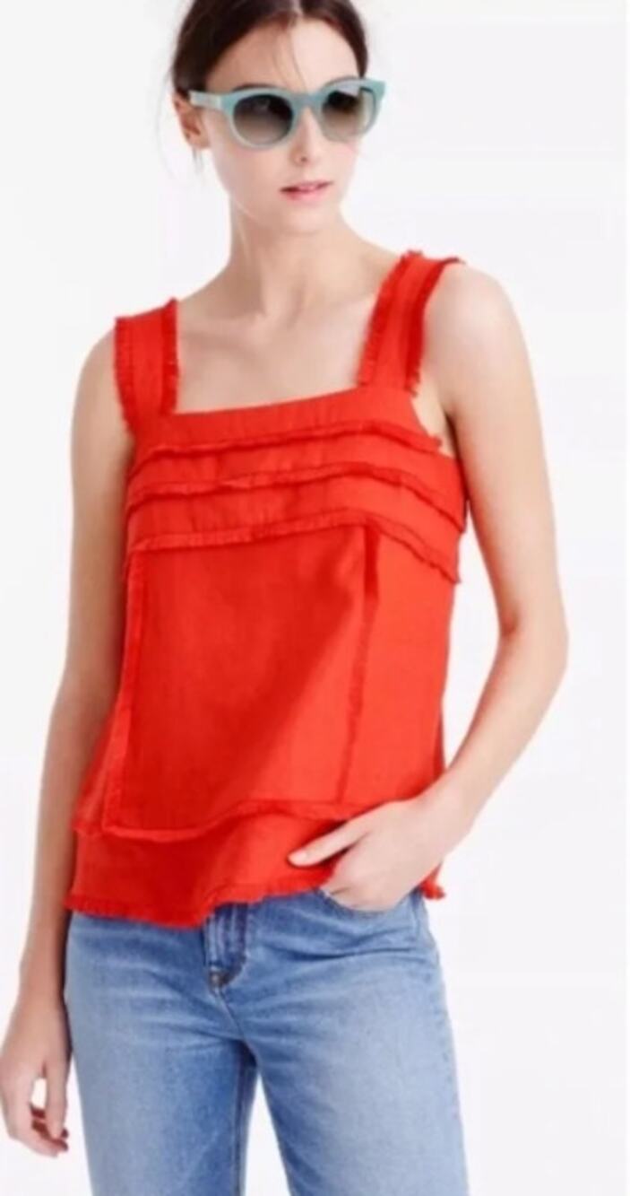 J.Crew 100% Linen Layered Fringe Square Neckline Tank Top in Orange Red 12 NWOT